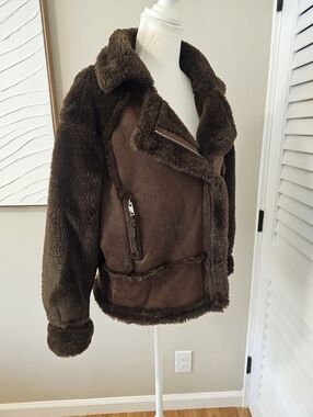 Chasing Unicorns Boho Oversized Bomber Jacket Faux Shearling Lined Size S/M